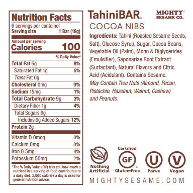 Mighty Sesame- Mighty Tahini Bars con Cocoa Nibs (6 ct)